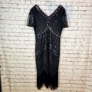 Jicagom Black Flapper Dress Iridescent Sequins Great Gatsby Size L Roaring 20's
